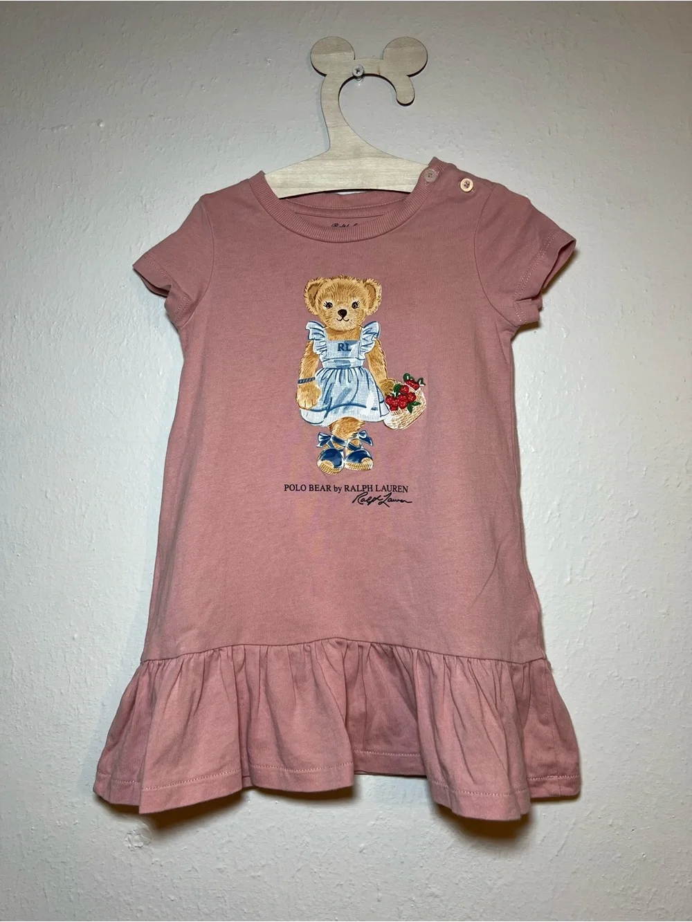 Ralph Lauren Dusty Pink Polo Bear Ruffle-Hem Dress size 9 months